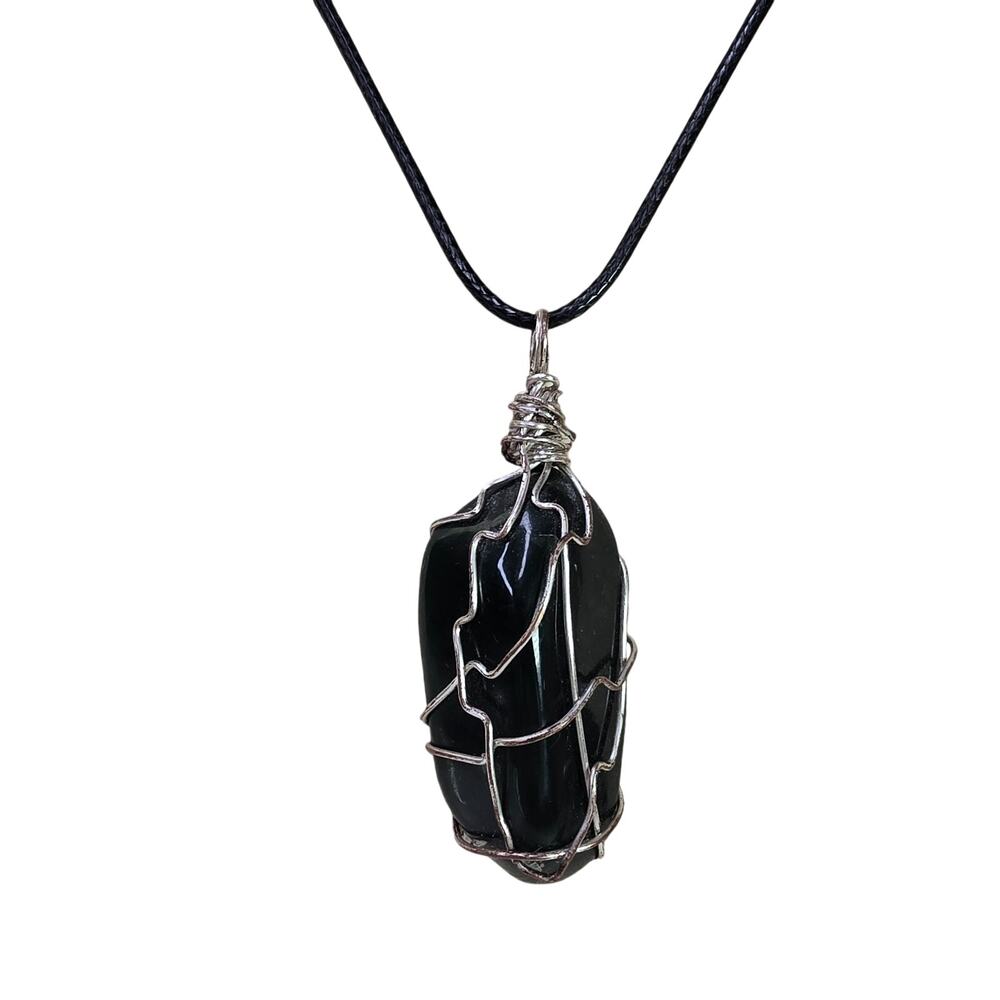 Vintage Obsidian Pendant 1.5" Wire Wrapped on Black Rope Necklace 18"